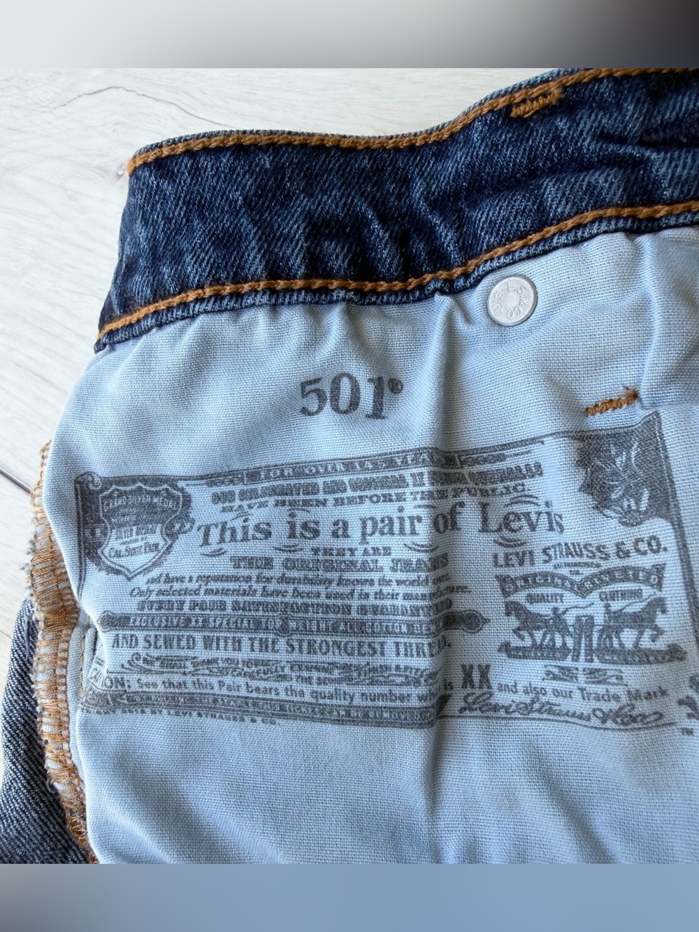 Levi's 501 Button Fly High Rise Dark Blue Indigo Distressed Denim Cutoff Shorts - Picture 8 of 11